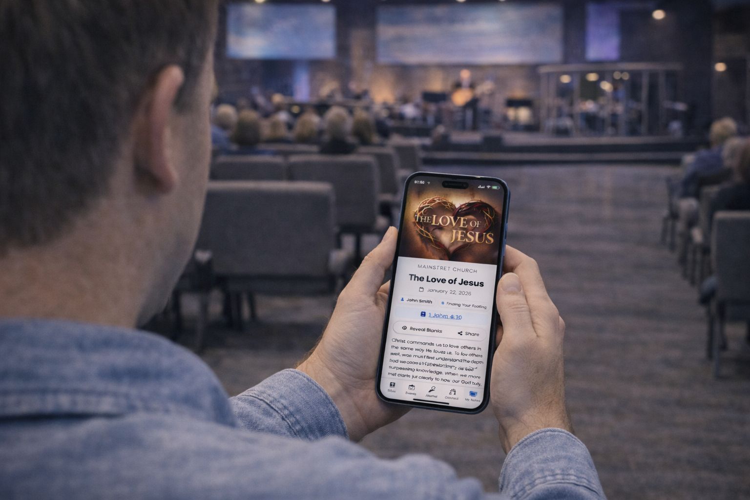 Person taking notes in a church pew during a sermon