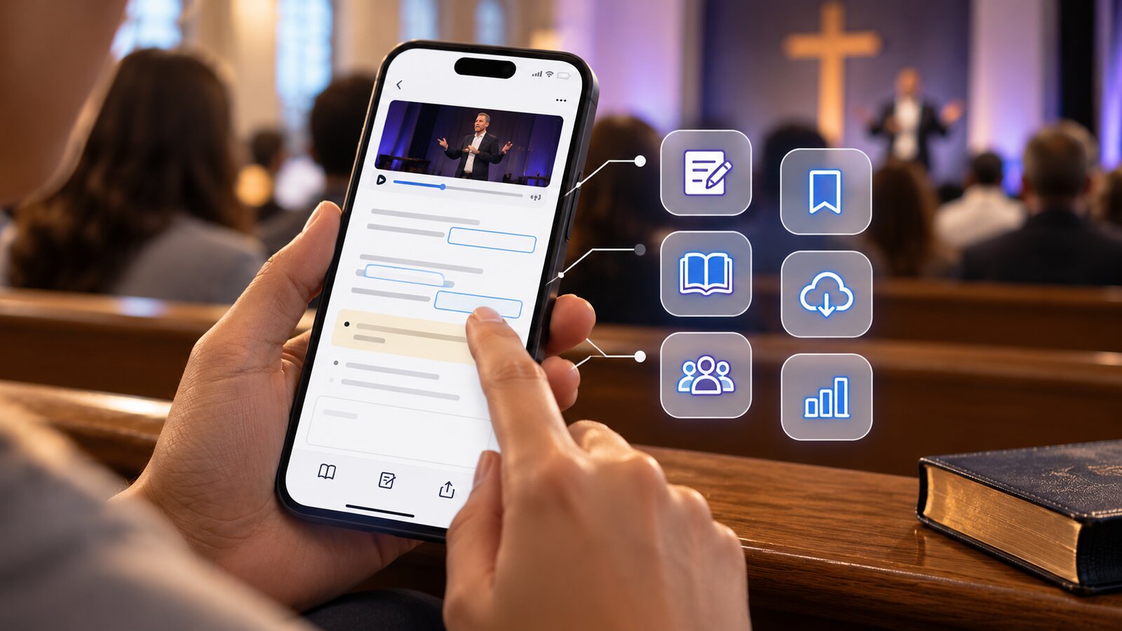 Church member taking interactive sermon notes on a phone during a service